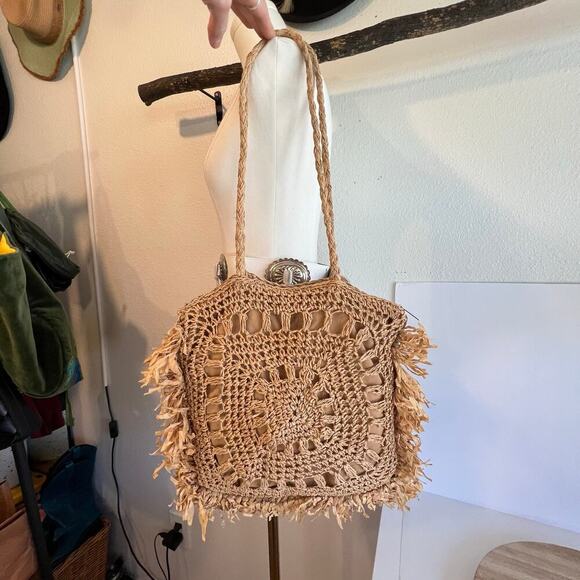 MW Tan Natural Fiber Straw Fringe Raffa Crochet Square Tote Shoulder Bag - Picture 2 of 13